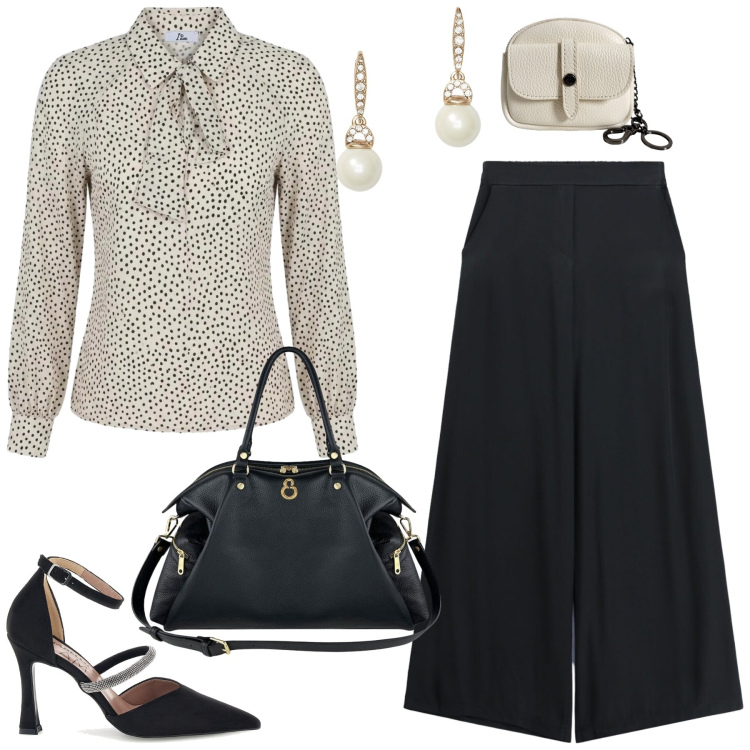 Outfit donna - Ritorno in ufficio. Stile Chic per Ufficio. Abbinamento con pantaloni a palazzo, bluse, shopping bag, portachiavi, orecchini, décolleté.