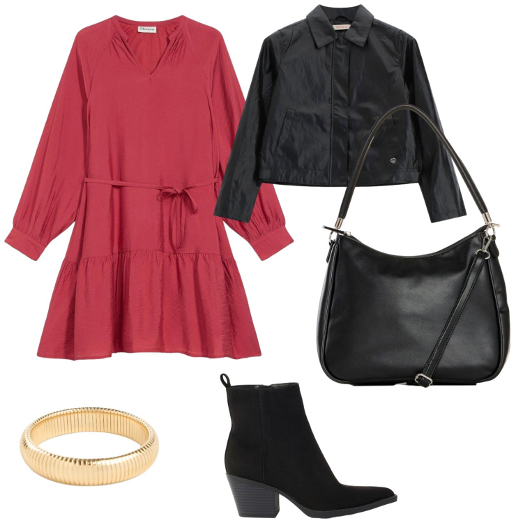 Outfit donna - Settembre. per Tutti i giorni. Abbinamento con vestiti, braccialetti, borse a mano, stivaletti texani, blazer.