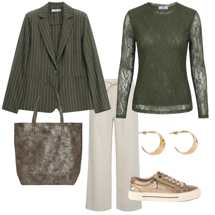 Outfit donna - Il pizzo di giorno. per Tutti i giorni. Abbinamento con orecchini, sneakers, pantaloni, shopping bag, top, blazer.