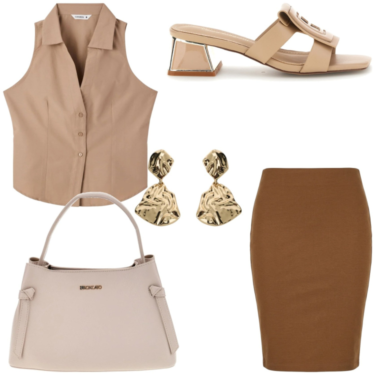 Outfit donna - Workwear. Stile Casual chic per Ufficio. Abbinamento con orecchini, top, gonne longuette, scarpe col tacco, borse a tracolla.