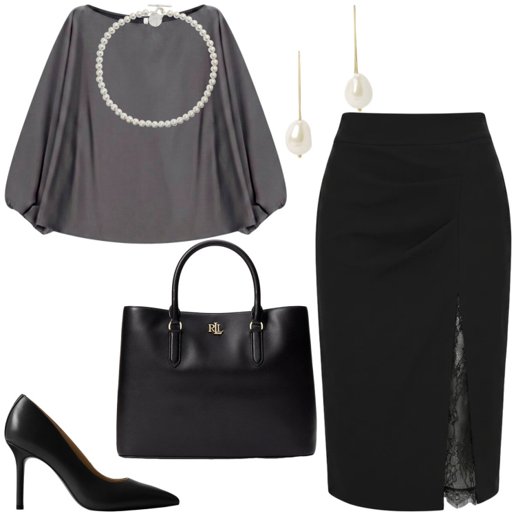 Outfit donna - La gonna a sigaretta. Stile Chic per Ufficio. Abbinamento con top, gonne longuette, borse a mano, collane, décolleté, orecchini.