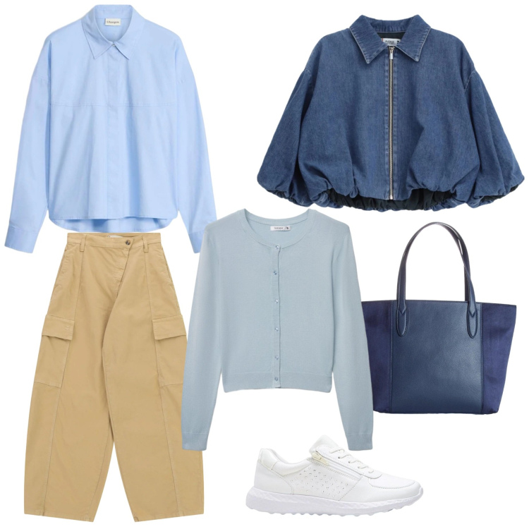 Outfit donna - In montagna praticità. Stile Casual per Tutti i giorni. Abbinamento con sneakers, shopping bag, camicie, cardigans, blazer, pantaloni cargo.
