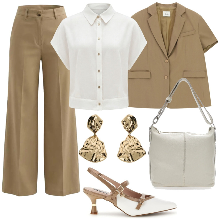 Outfit donna - Back to Office con stile. Stile Urban per Ufficio. Abbinamento con orecchini, blazer, pantaloni a palazzo, camicie a manica corta, décolleté, borse a spalla.