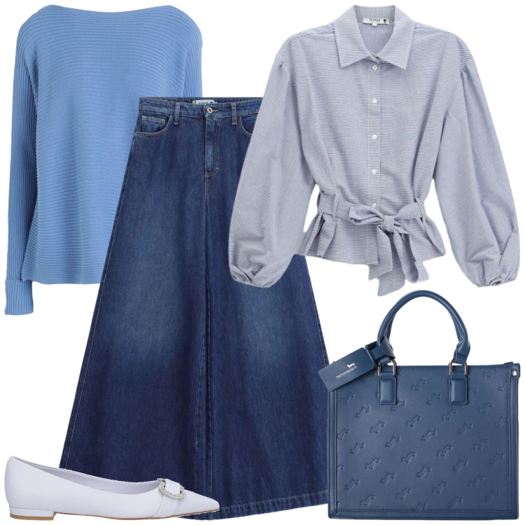 Outfit donna - Sfumature di blu. Stile Bon Ton per Tutti i giorni. Abbinamento con ballerine, pullovers, borse a mano, camicie, jeans.