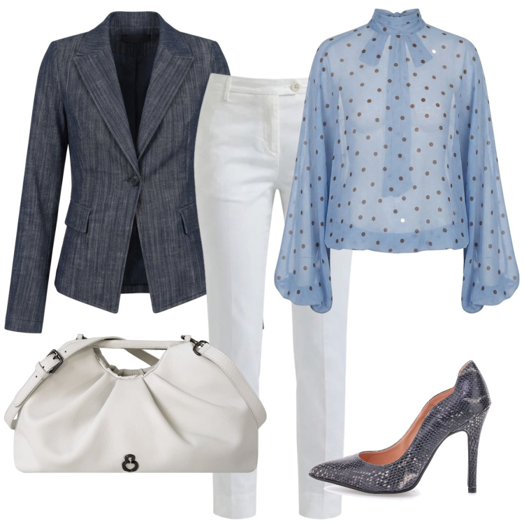 Outfit donna - Luminosità. Stile Trendy per Ufficio. Abbinamento con pantaloni, clutch, bluse, blazer, décolleté.