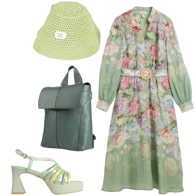 Outfit donna - Fiorata. Stile Casual chic per Tutti i giorni. Abbinamento con zaini, sandali in pelle, cappelli con visiera, vestiti midi/longuette.