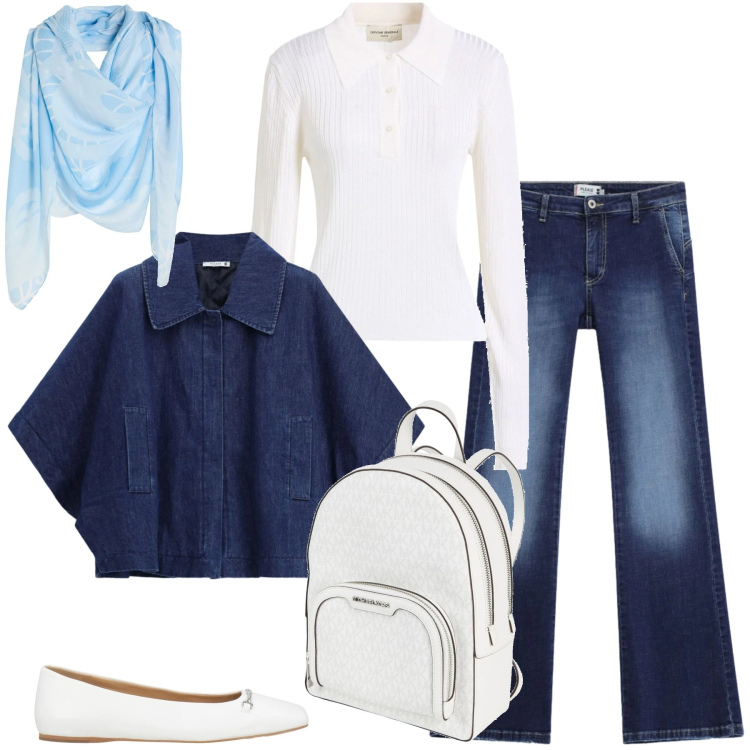 Outfit donna - Bianco e blu. Stile Bon Ton per Tutti i giorni. Abbinamento con pullovers, sciarpe, zaini, ballerine, blazer, jeans.