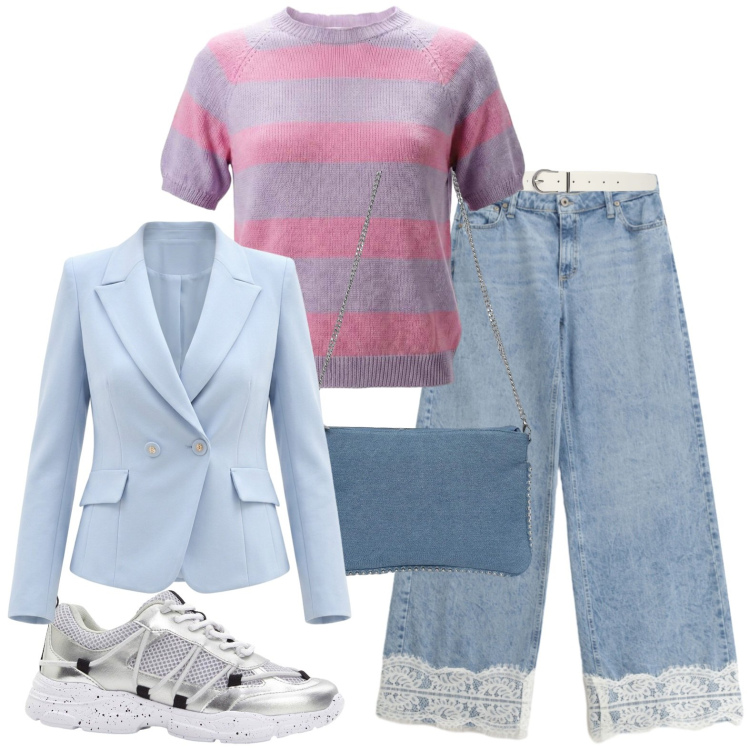 Outfit donna - Casual chic. Stile Casual chic per Tutti i giorni. Abbinamento con sneakers, borse a tracolla, cinture, maglieria, blazer, jeans.