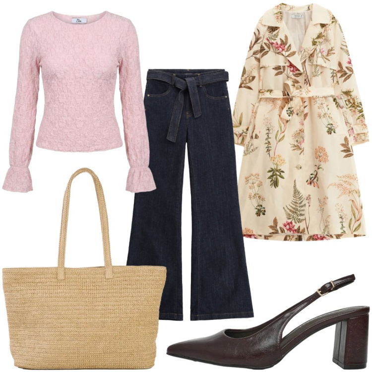 Outfit donna - Total look #2461944. Stile Romantica per Tutti i giorni. Abbinamento con shopping bag, décolleté, top, jeans a zampa, trench.