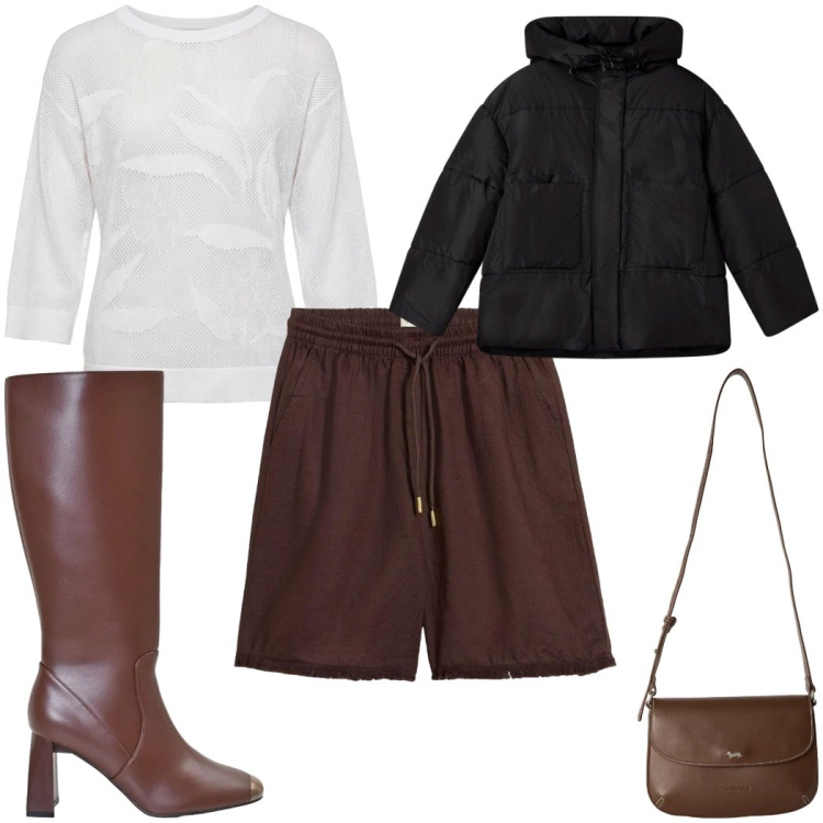Outfit donna - Total look #2461948. Stile Trendy per Tutti i giorni. Abbinamento con bermuda, maglieria, borse a tracolla, bomber, stivali sopra il ginocchio.