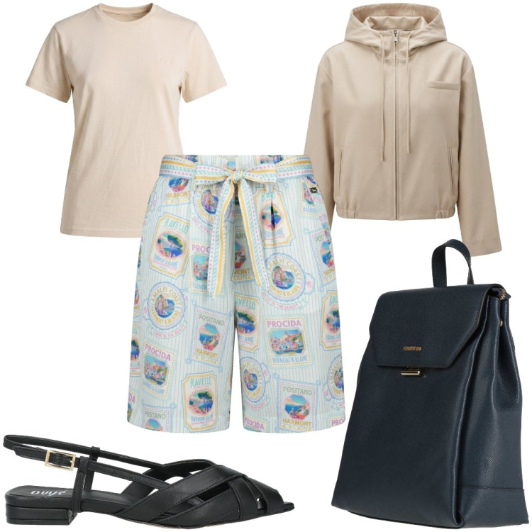 Outfit donna - Total look #2461949. Stile Trendy per Tutti i giorni. Abbinamento con zaini, sandali in pelle, bermuda, cappotti, t-shirt.