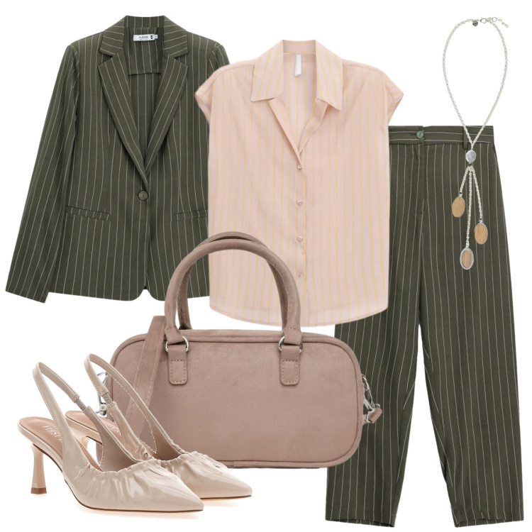 Outfit donna - Gessato Total look. Stile Casual chic per Ufficio. Abbinamento con camicie a manica corta, collane, borse a tracolla, blazer, pantaloni, décolleté.