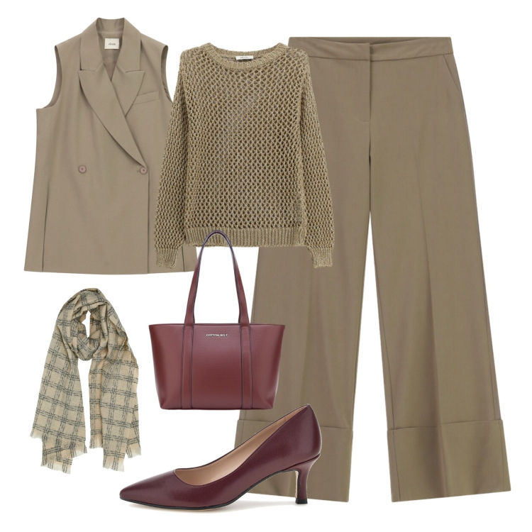 Outfit donna - Eleganza contemporanea. Stile Trendy per Ufficio. Abbinamento con pantaloni a palazzo, gilet, maglieria, décolleté, sciarpe, shopping bag.