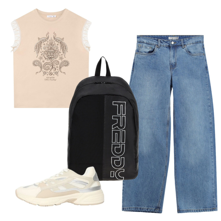Outfit donna - A scuola. Stile Casual per Scuola/Università. Abbinamento con t-shirt, sneakers, zaini, jeans.