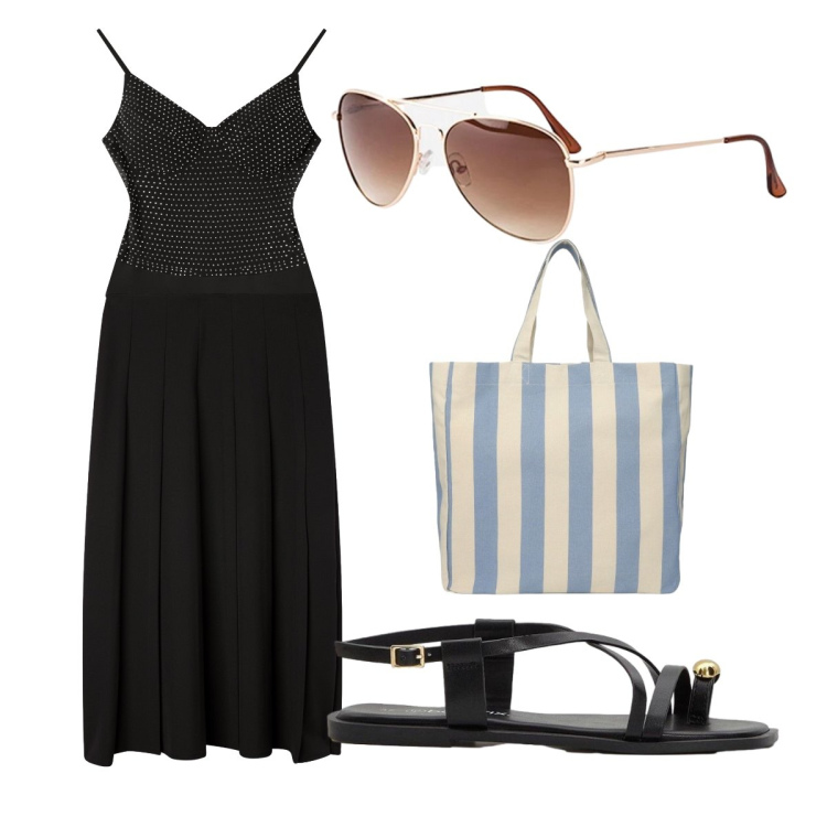 Outfit donna - Aperitivo in spiaggia. Stile Casual chic per Mare. Abbinamento con sandali, occhiali da sole, gonne lunghe, body, shopping bag.