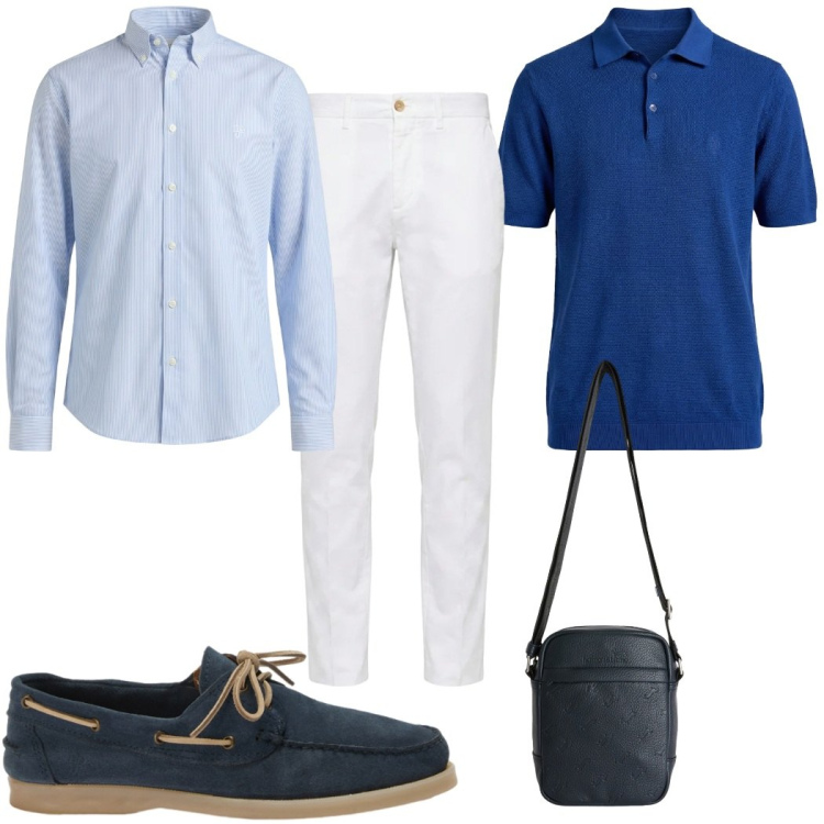 Outfit uomo - Stile da barca: in blu. Stile Casual per Tutti i giorni. Abbinamento con borse sportive, scarpe stringate, camicie, polo, pantaloni chino.