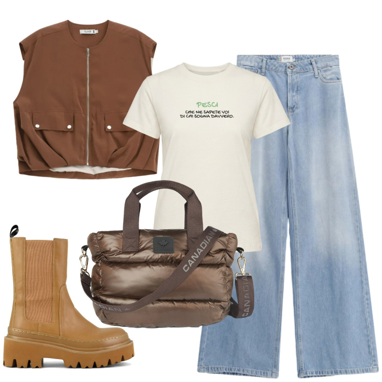 Outfit donna - Università. Stile Casual per Scuola/Università. Abbinamento con jeans, gilet, borse a tracolla, t-shirt, stivaletti chelsea.