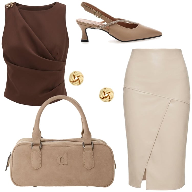 Outfit donna - Riunione aziendale. Stile Chic per Ufficio. Abbinamento con borse a mano, canottiere, gonne longuette, orecchini, décolleté.