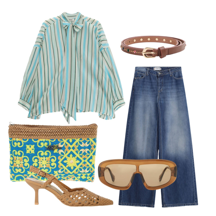 Outfit donna - Settembre. Stile Casual chic per Ufficio. Abbinamento con cinture, occhiali da sole, décolleté, jeans, camicie, pochette.