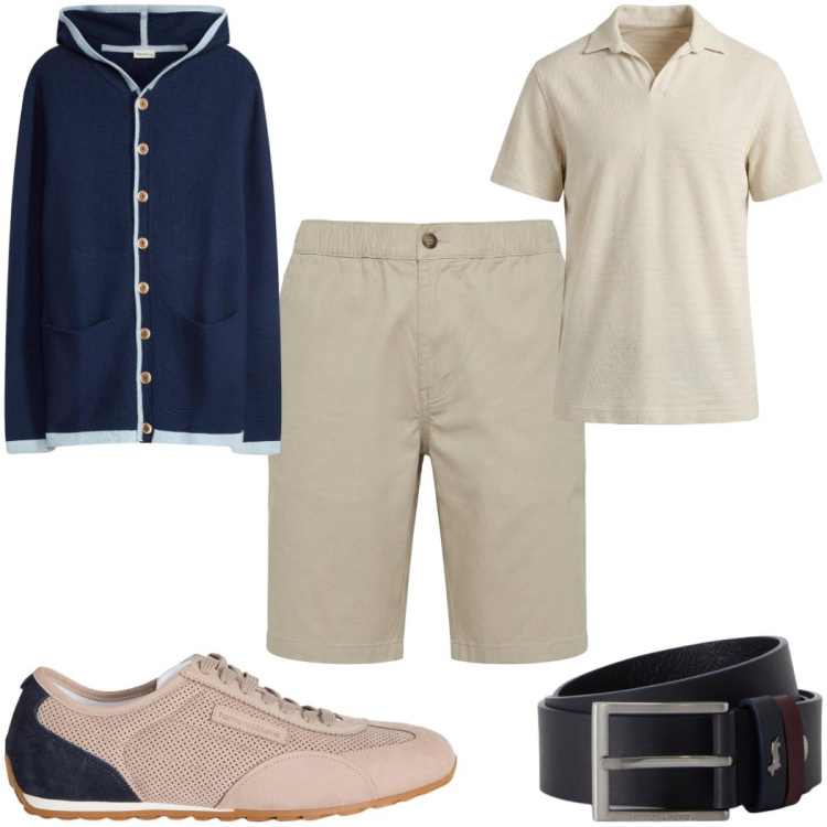 Outfit uomo - Stile da barca : sabbia e blu. Stile Casual per Tutti i giorni. Abbinamento con cardigans, sneakers, polo, bermuda, cinture.