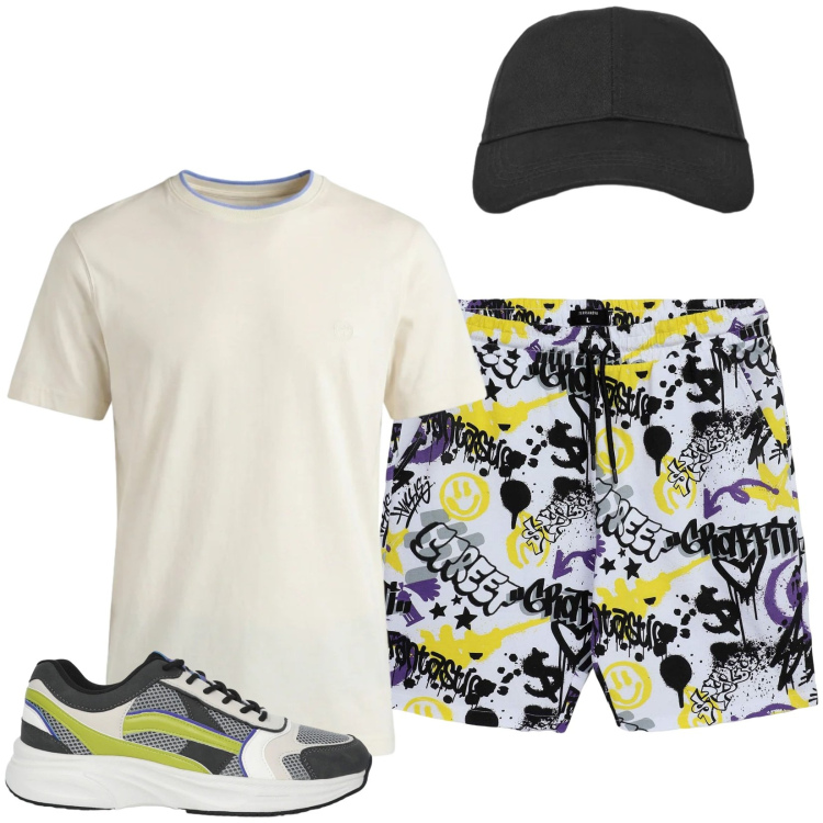 Outfit uomo - Total look #2461965. Stile Casual per Tutti i giorni. Abbinamento con t-shirt, pantaloni corti, sneakers, cappelli con visiera.