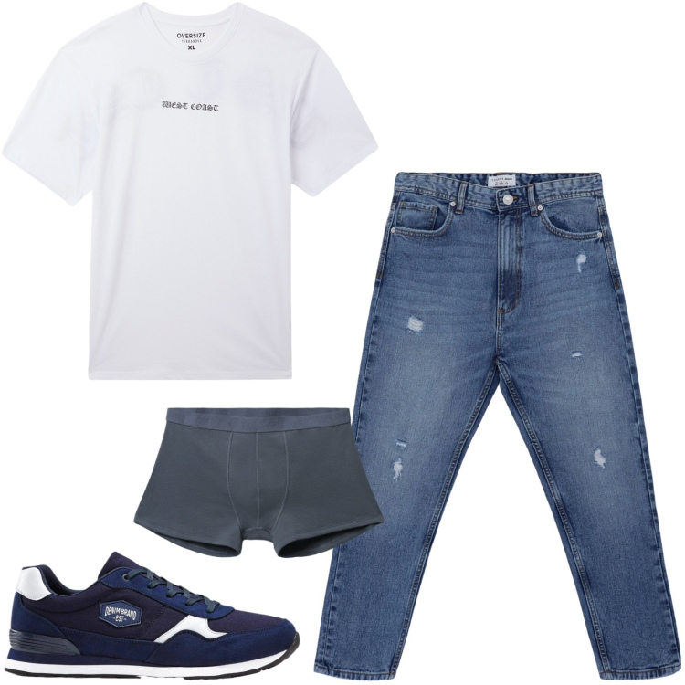 Outfit uomo - Total look #2461967. Stile Casual per Tutti i giorni. Abbinamento con sneakers, boxer, t-shirt, jeans strappati.