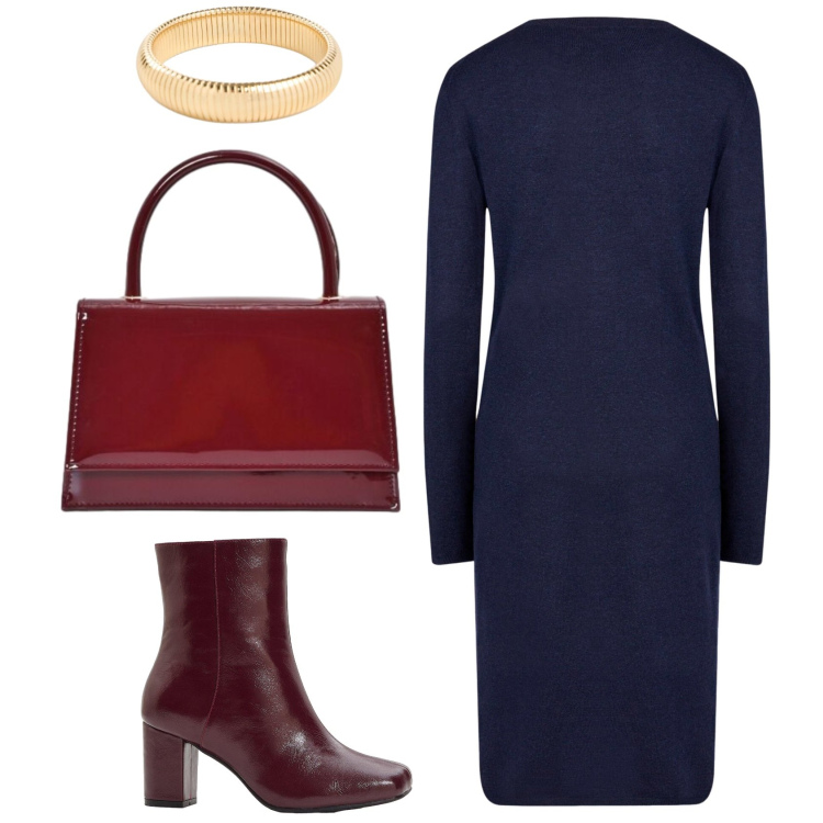 Outfit donna - Blu e bordeaux. Stile Casual chic per Ufficio. Abbinamento con stivaletti, braccialetti, vestiti midi/longuette, borse a mano.