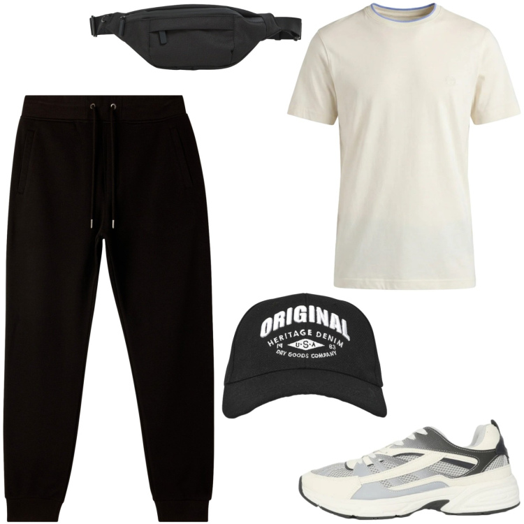 Outfit uomo - Total look #2461971. Stile Urban per Tutti i giorni. Abbinamento con t-shirt, pantaloni, sneakers, cappelli con visiera, borse sportive.