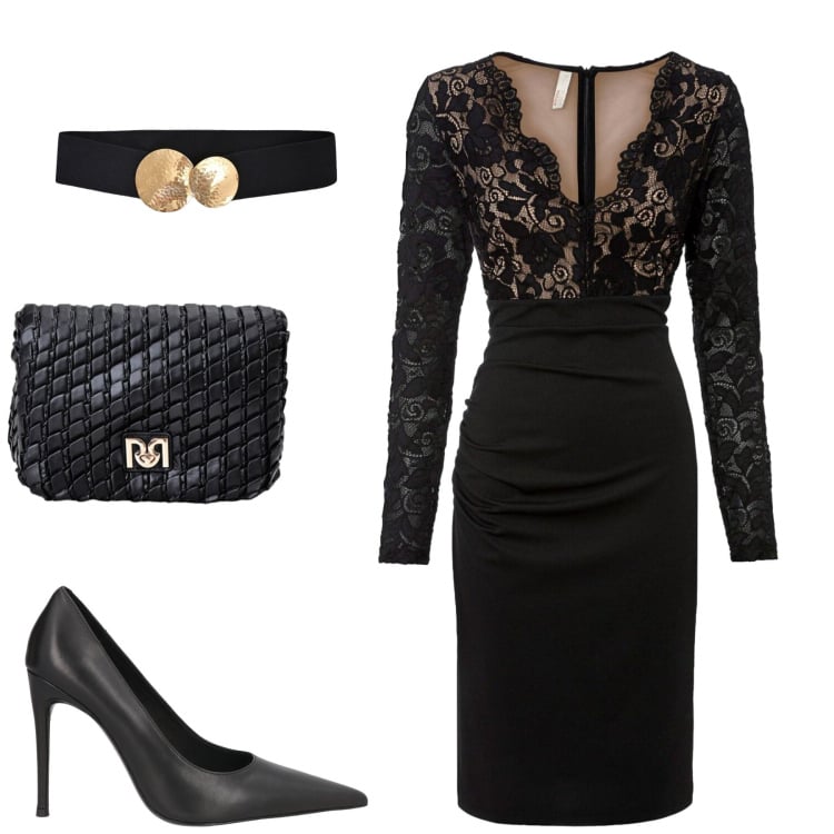 Outfit donna - Serata. Stile Chic per Serata fuori. Abbinamento con décolleté, vestiti corti, borse a tracolla, cinture.