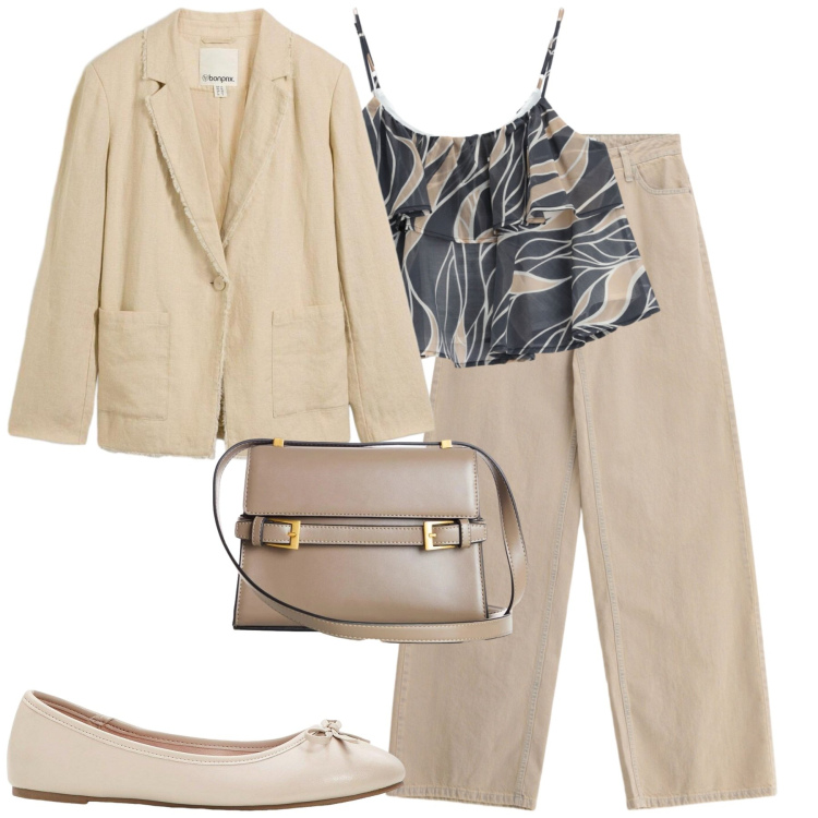 Outfit donna - City. Stile Casual chic per Tutti i giorni. Abbinamento con ballerine, blazer, borse a tracolla, top, pantaloni.