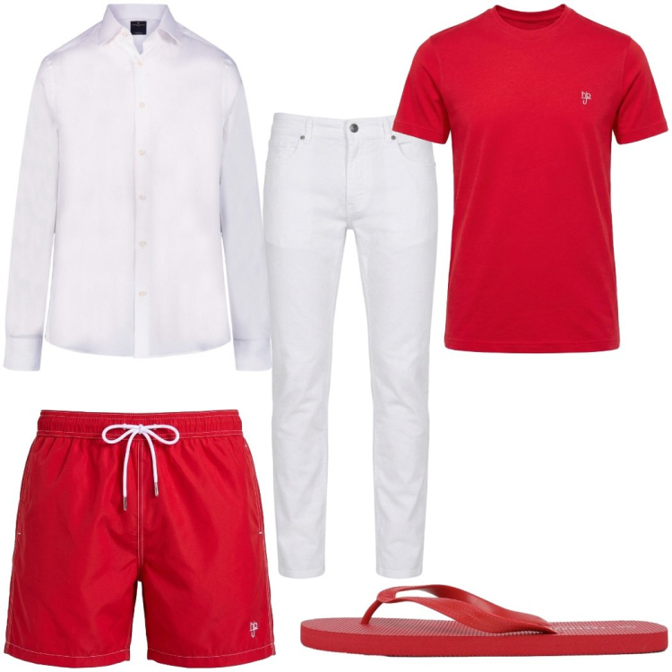 Outfit uomo - Total look #2461990. Stile Trendy per Mare. Abbinamento con pantaloni, t-shirt, costumi, sandali, camicie.