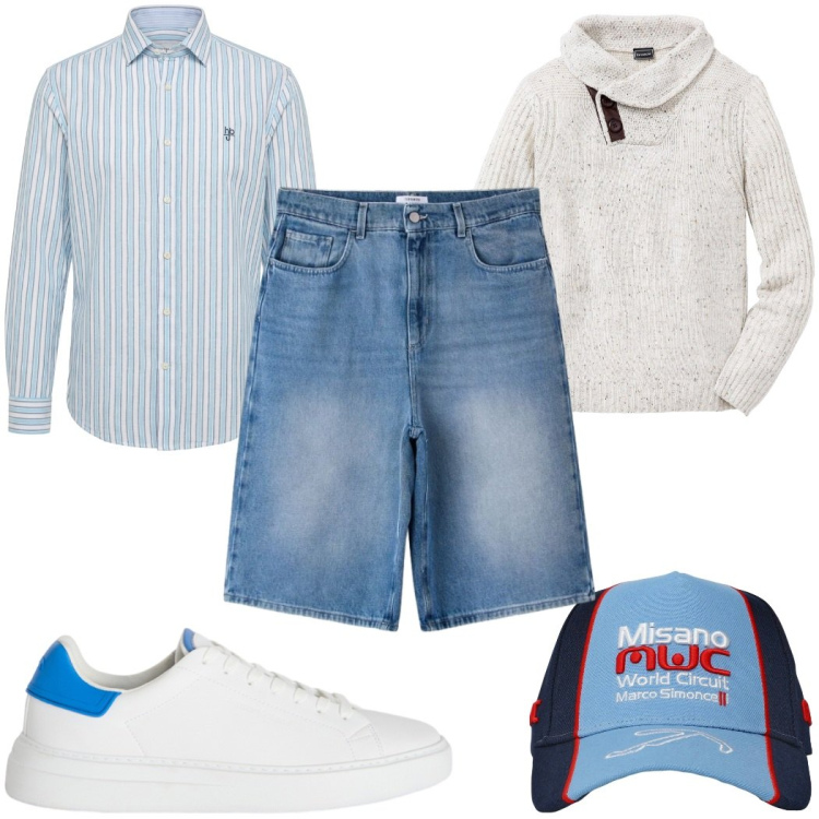 Outfit uomo - Total look #2461998. Stile Trendy per Tutti i giorni. Abbinamento con maglieria, sneakers, camicie, cappelli, pantaloni corti.