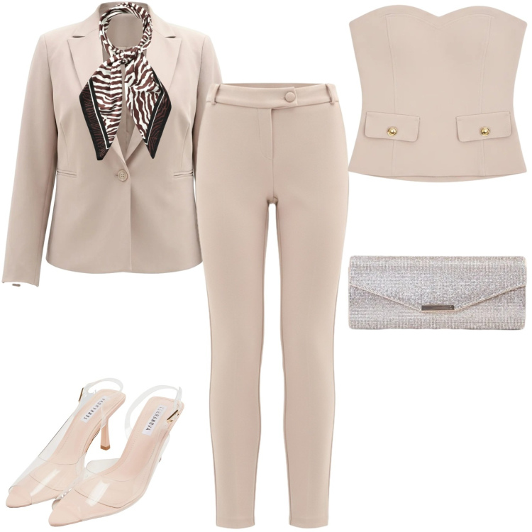 Outfit donna - Beige chic. Stile Casual chic per Tutti i giorni. Abbinamento con sandali col tacco, foulard, blazer, top, clutch, pantaloni skinny.