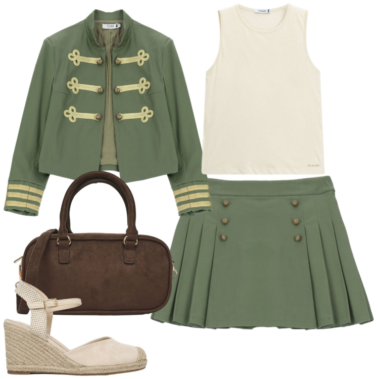 Outfit donna - Please. Stile Military per Tutti i giorni. Abbinamento con zeppe, borse a tracolla, cappotti, minigonne, top.