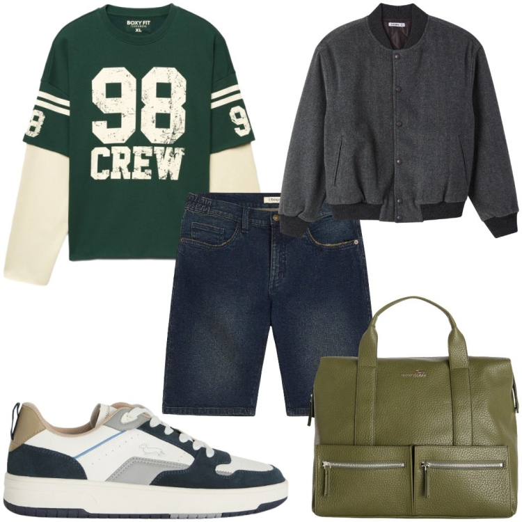 Outfit uomo - Total look #2462007. Stile Urban per Tutti i giorni. Abbinamento con bermuda, borse sportive, sneakers, bomber, felpe.