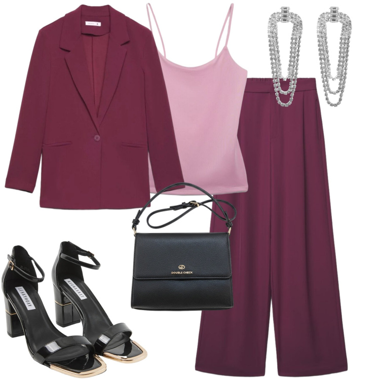 Outfit donna - City. Stile Urban per Tutti i giorni. Abbinamento con pantaloni a palazzo, orecchini, sabot, canottiere, blazer, borse a tracolla.