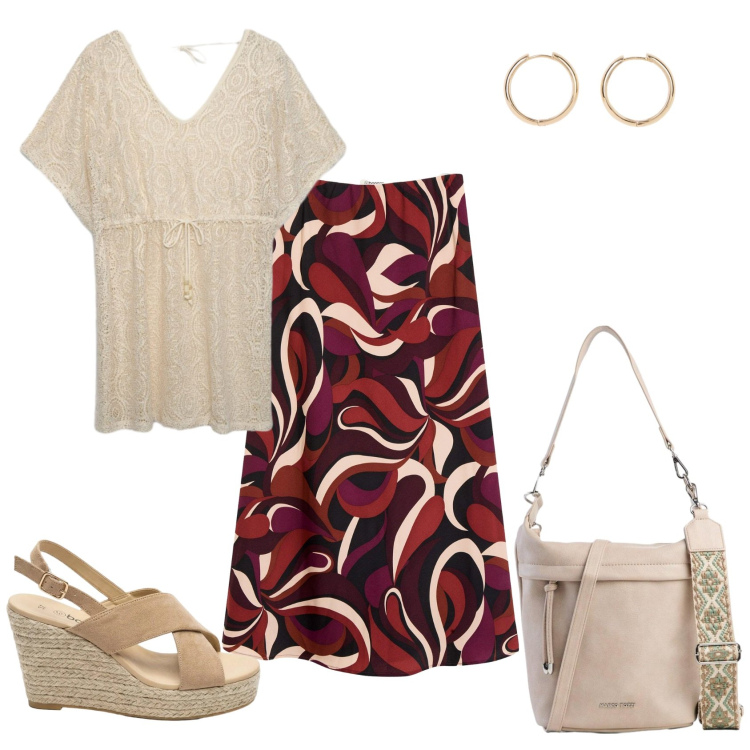 Outfit donna - Total look #2462010. Stile Casual chic per Serata fuori. Abbinamento con gonne longuette, orecchini, sandali col tacco, borse a tracolla, caftani.