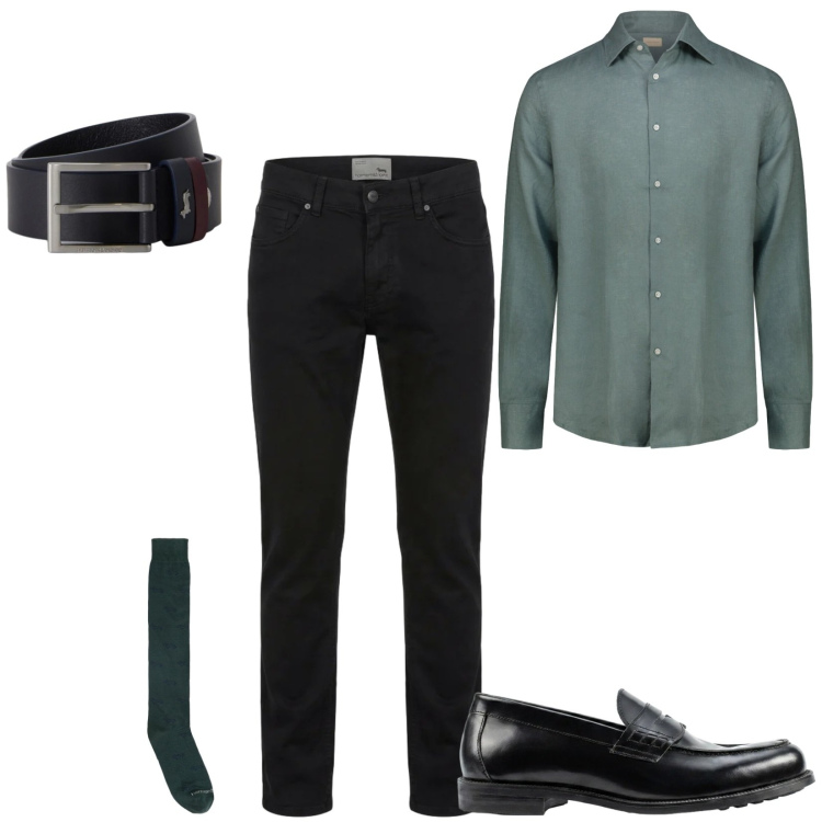 Outfit uomo - Serata. Stile Business/Elegante per Serata speciale. Abbinamento con pantaloni, calzini, cinture, camicie, scarpe stringate.