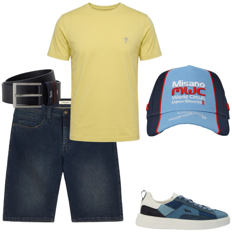 Outfit uomo - Ancora caldo. Stile Casual per Tutti i giorni. Abbinamento con bermuda, sneakers, cinture, t-shirt, cappelli.