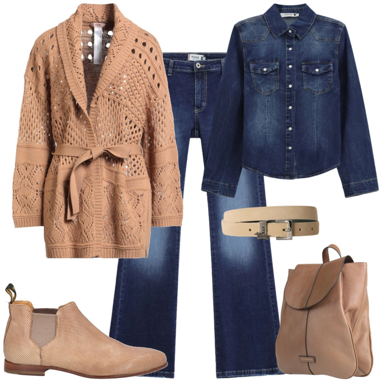 Outfit donna - Sporty chic ufficio tempo libero. Stile Sporty chic per Tutti i giorni. Abbinamento con stivaletti chelsea, cardigans, zaini, cinture, camicie, jeans.