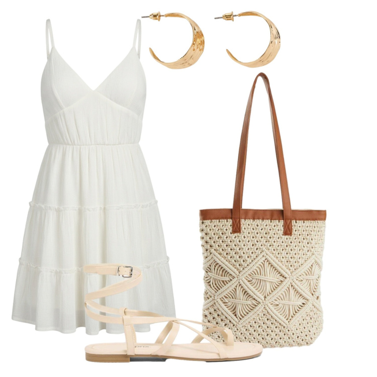 Outfit donna - Curvy- sere d\'estate. Stile Chic per Serata fuori. Abbinamento con sandali, orecchini, shopping bag, vestiti corti.