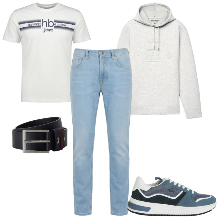 Outfit uomo - Al fresco. Stile Casual per Tutti i giorni. Abbinamento con jeans, t-shirt, cinture, sneakers, felpe con cappuccio.