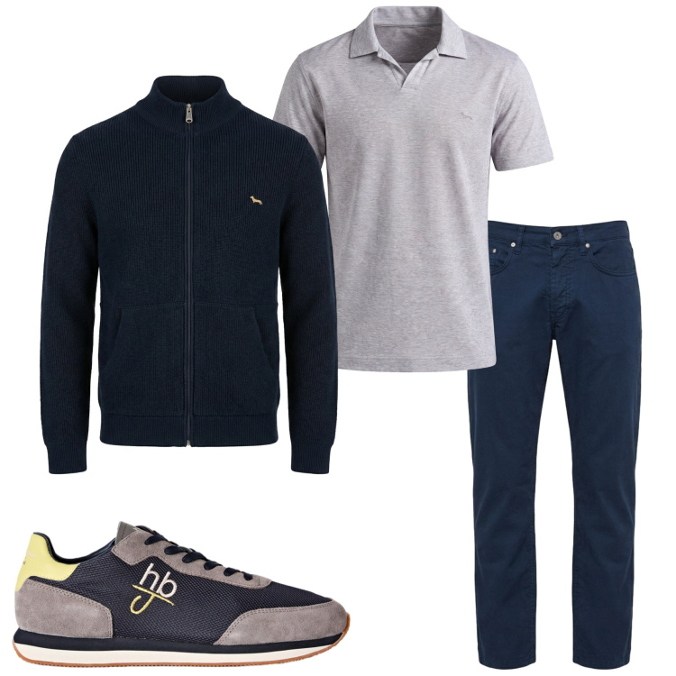Outfit uomo - In città. Stile Urban per Tutti i giorni. Abbinamento con pantaloni, polo, cardigans, sneakers.