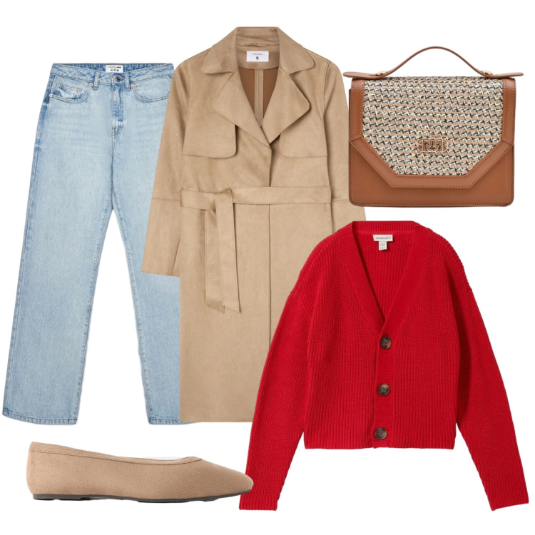 Outfit donna - Pensando all\'autunno. Stile Casual per Tutti i giorni. Abbinamento con ballerine, cardigans, trench, jeans dritti, pochette.
