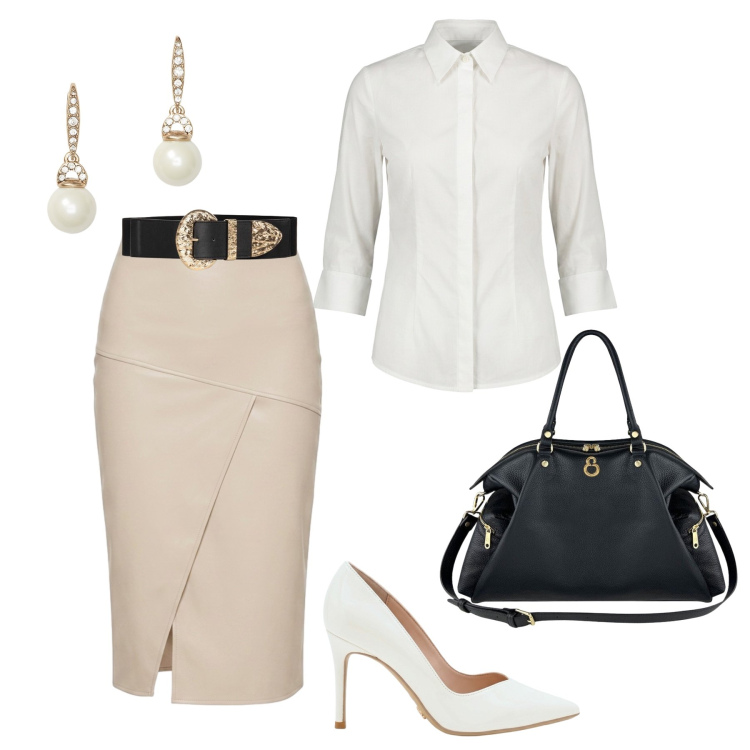 Outfit donna - Ufficio con carattere. Stile Glamour per Ufficio. Abbinamento con gonne longuette, camicie, cinture, décolleté, shopping bag, orecchini.
