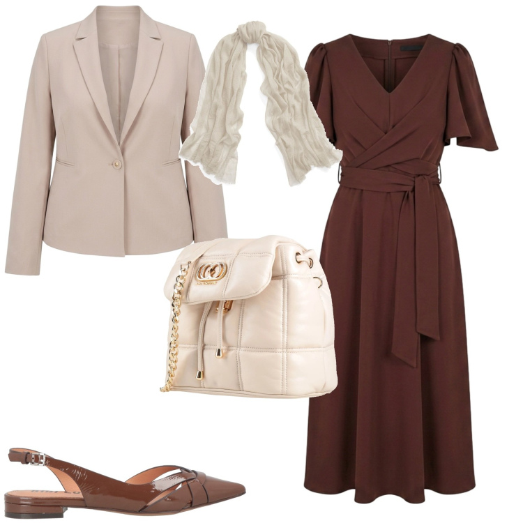 Outfit donna - Casual chic ufficio tempo libero. Stile Casual chic per Tutti i giorni. Abbinamento con ballerine, valigie, sciarpe, vestiti midi/longuette, blazer.