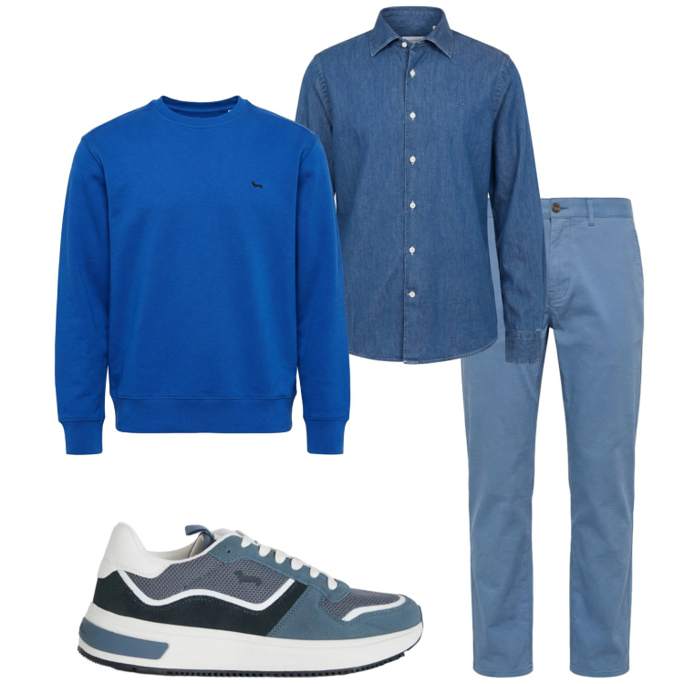 Outfit uomo - Tonalità di blu. Stile Urban per Ufficio. Abbinamento con felpe, pantaloni, camicie, sneakers.