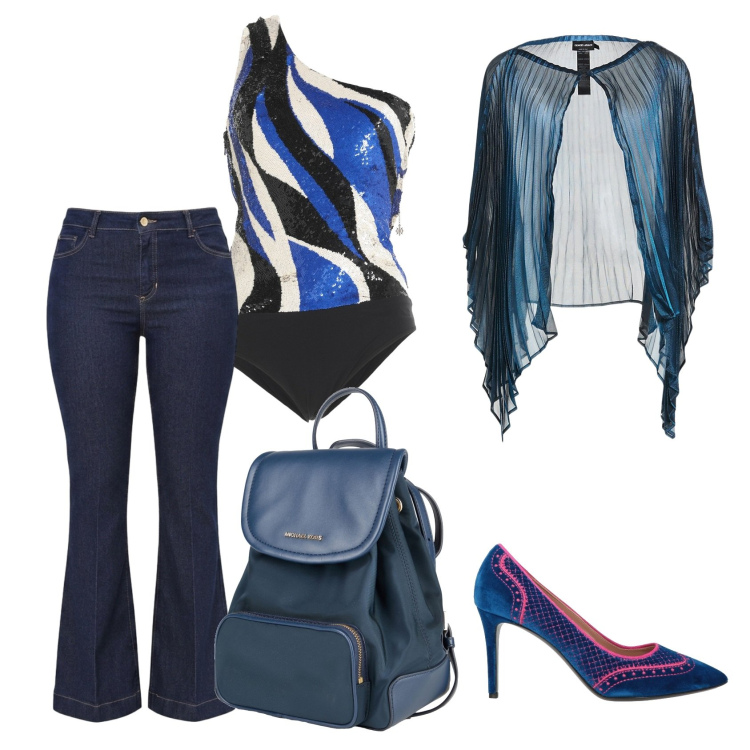 Outfit donna - Total look #2462048. Stile Casual chic per Serata fuori. Abbinamento con body, zaini, décolleté, cappe, jeans a zampa.