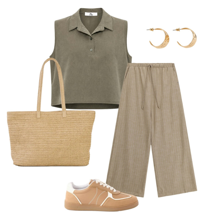 Outfit donna - Total look #2462051. Stile Casual chic per Tutti i giorni. Abbinamento con shopping bag, orecchini, sneakers, top, pantaloni a palazzo.