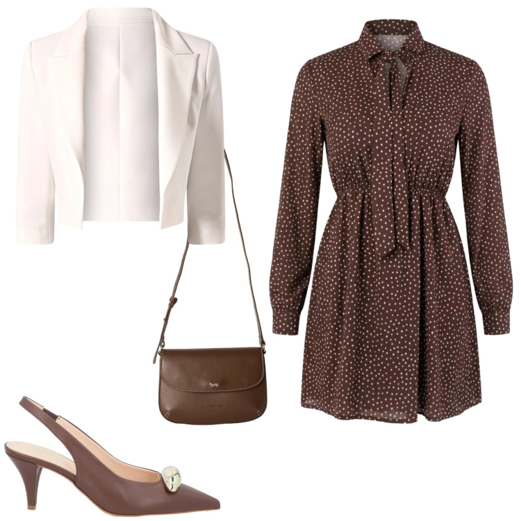 Outfit donna - Chic ufficio tempo libero. Stile Chic per Tutti i giorni. Abbinamento con décolleté, borse a tracolla, vestiti corti, blazer.